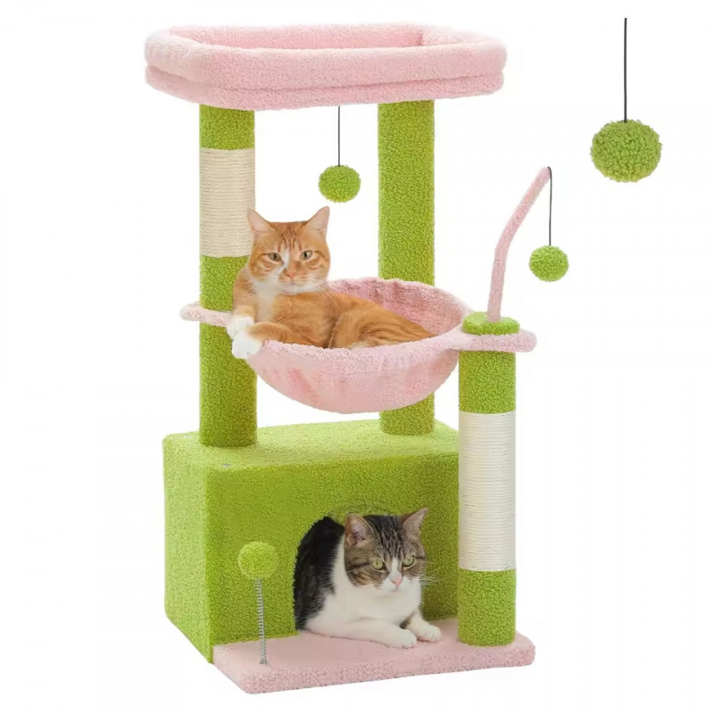 Arbre à chat rose et vert 80 cm – Griffoir et espace de jeu